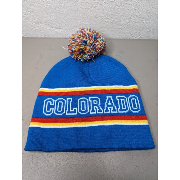 COLORADO Beanie, Knit Hat, Multicolor Puff, Blue, Red/White/Yellow Stripes - Picture 4 of 7